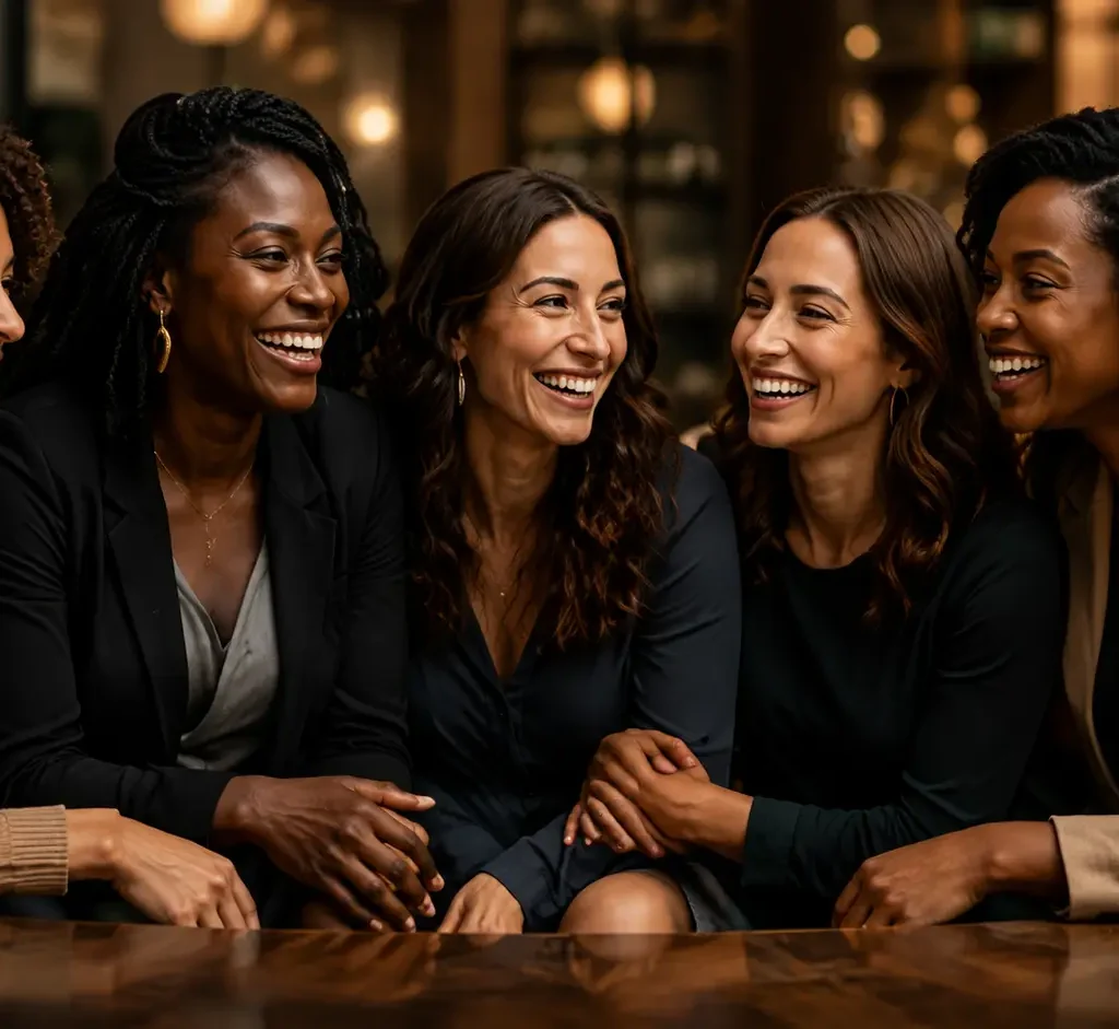 Five women sharing a conversation around a table